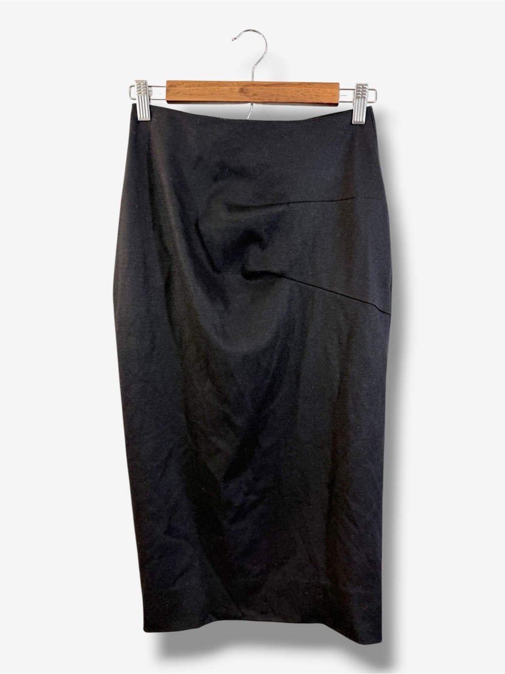 DVF Maribela Black Wool Pencil Midi Skirt Size 2 Side Ruched Draped Minimalist